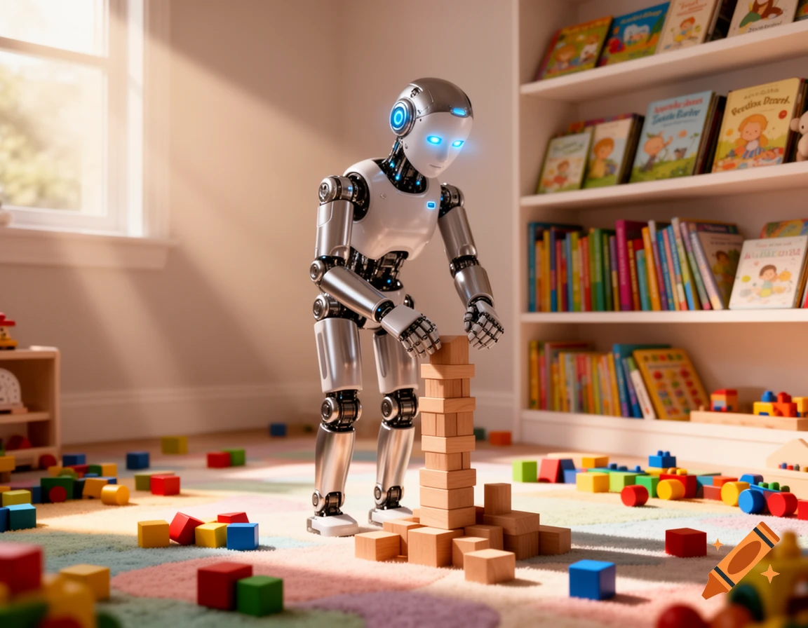 A photorealistic robot with glowing blue eyes stacks wooden blocks on a colorful rug in a child's room filled with toys and bookshelves.