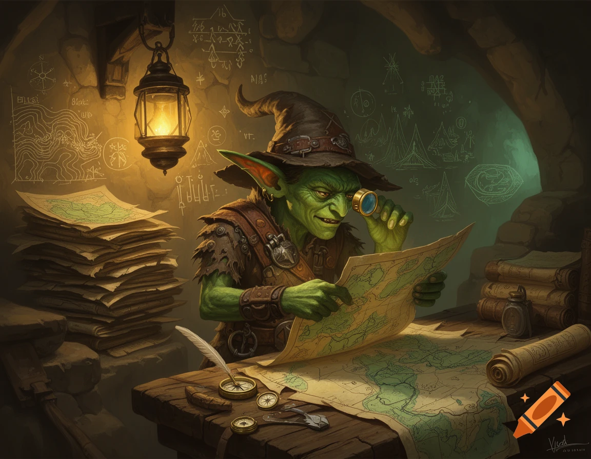A green-skinned goblin in a pointed hat intently studies a large map with a magnifying glass in a dimly lit chamber, surrounded by stacks of paper and ancient scrolls. Fantastical scribbles and diagrams cover the walls.
