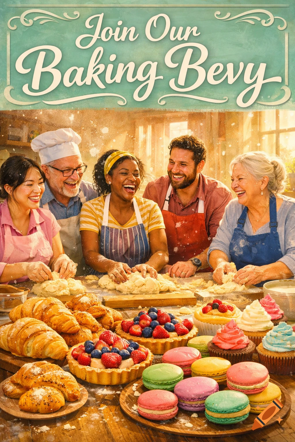 A diverse group of smiling people baking, kneading dough on a table with croissants, tarts, and macarons. Text: Join Our Baking Bevy.