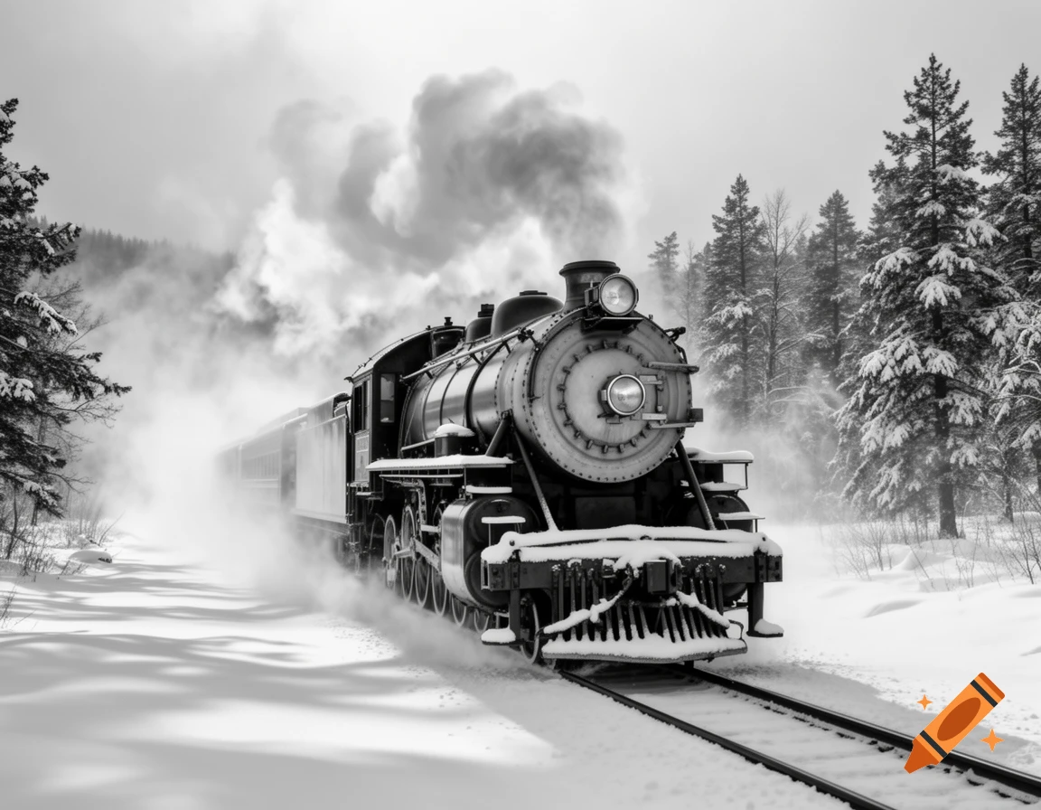 A black and white photorealistic steam train emits smoke as it travels through a snowy forest.