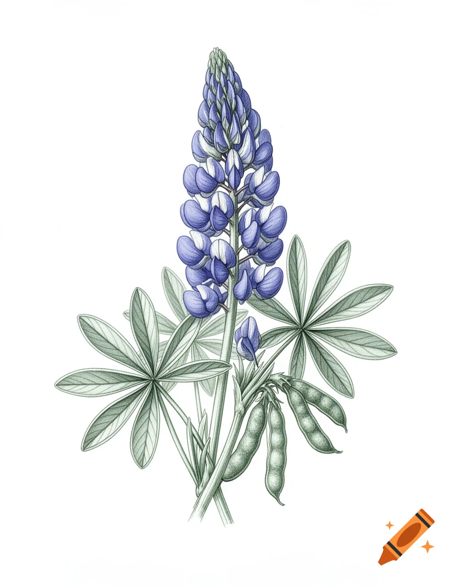 Botanical illustration of a lupine plant with a tall purple-blue flower spike, palmate silver-green leaves, and seed pods, in pen and ink with watercolor wash on white.
