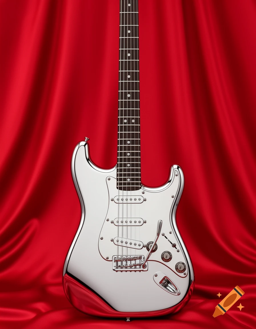 A shiny chrome Fender Stratocaster electric guitar stands vertically against a draped red silk background, featuring a fretted neck with dot markers.