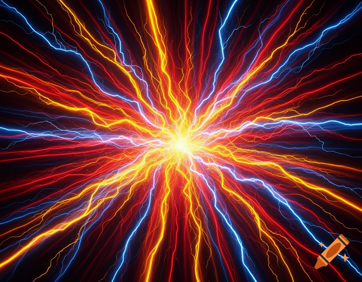 A vibrant explosion of red, orange, yellow, and blue lightning-like energy streaks from a bright central light on a black background.
