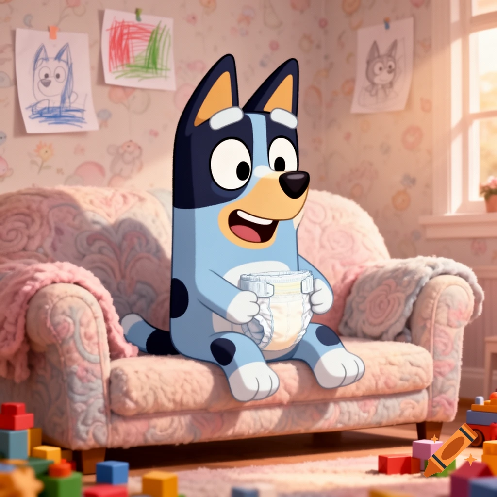 Bluey sitting on a patterned couch holding a diaper, surrounded by colorful building blocks in a cozy room with child's drawings on the wall.