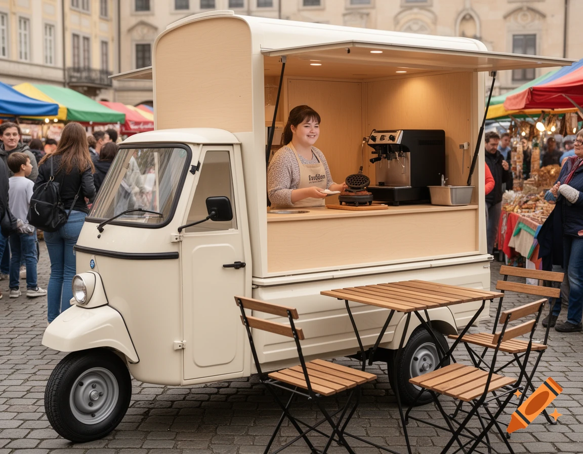 A young woman with Down syndrome serves waffles from a cream Piaggio Ape 50 food truck at an outdoor market with bistro tables.