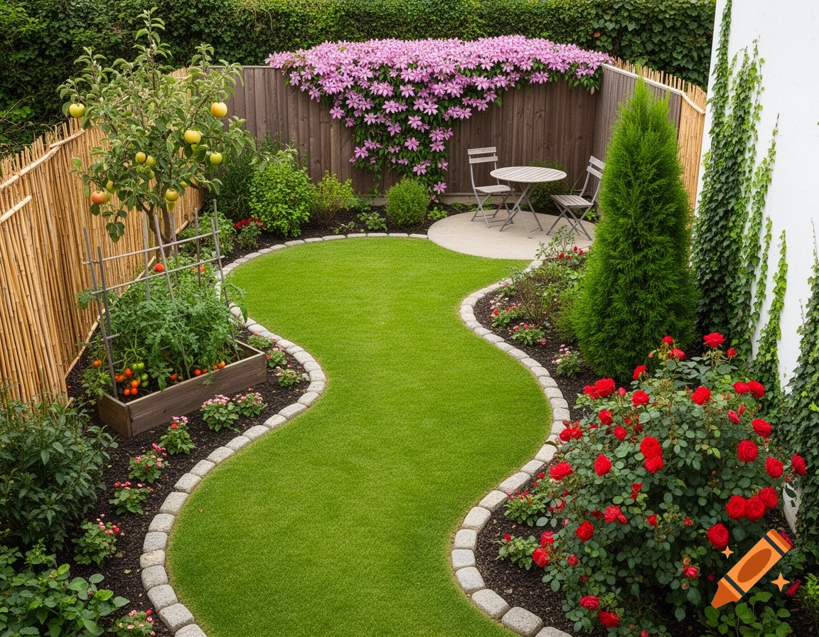 A vibrant garden with an S-shaped lawn, colorful flowerbeds, an apple tree, and a small patio with a table and chairs.