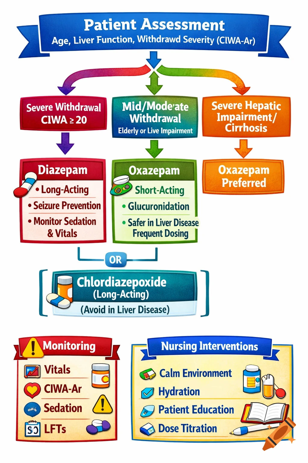 A colorful medical infographic on alcohol withdrawal benzodiazepine selection, showing a flowchart for patient assessment, medication choices, monitoring, and nursing interventions.