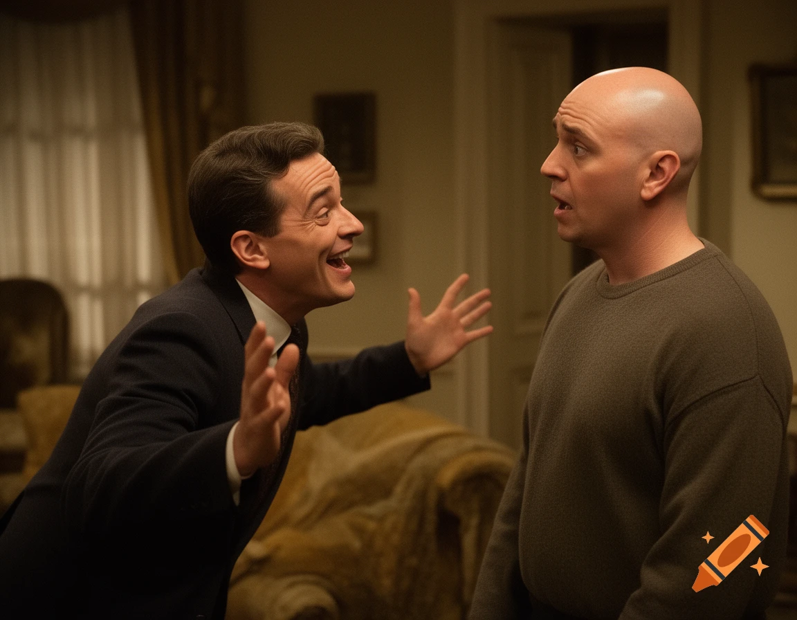 A man in a suit enthusiastically gestures with open hands towards a bald man who looks surprised.