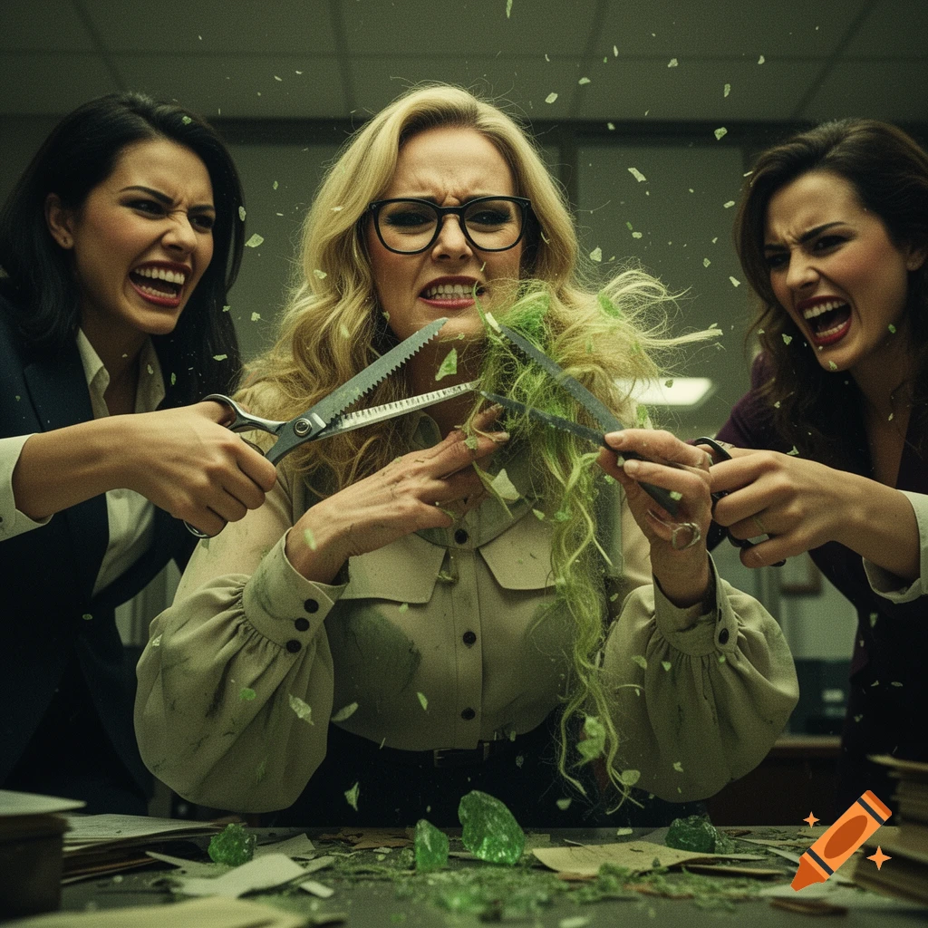 Three women in a dramatic office scene, two aggressively cutting the blonde, glowing green hair of the central woman with serrated scissors, amidst flying debris.