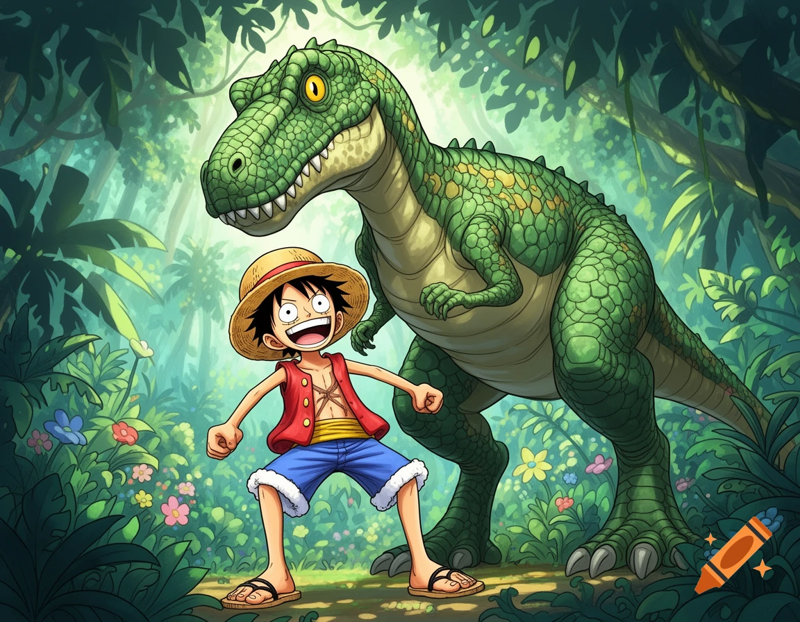 Luffy from One Piece smiles next to a large green dinosaur in a lush jungle, cartoon style.