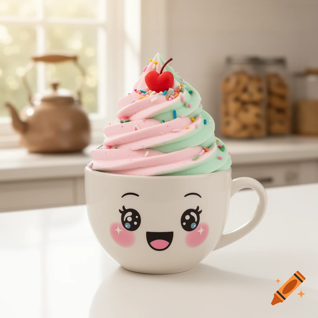 A white cup with a kawaii face holds pink and green swirled ice cream, topped with sprinkles and a red heart cherry, on a kitchen counter.