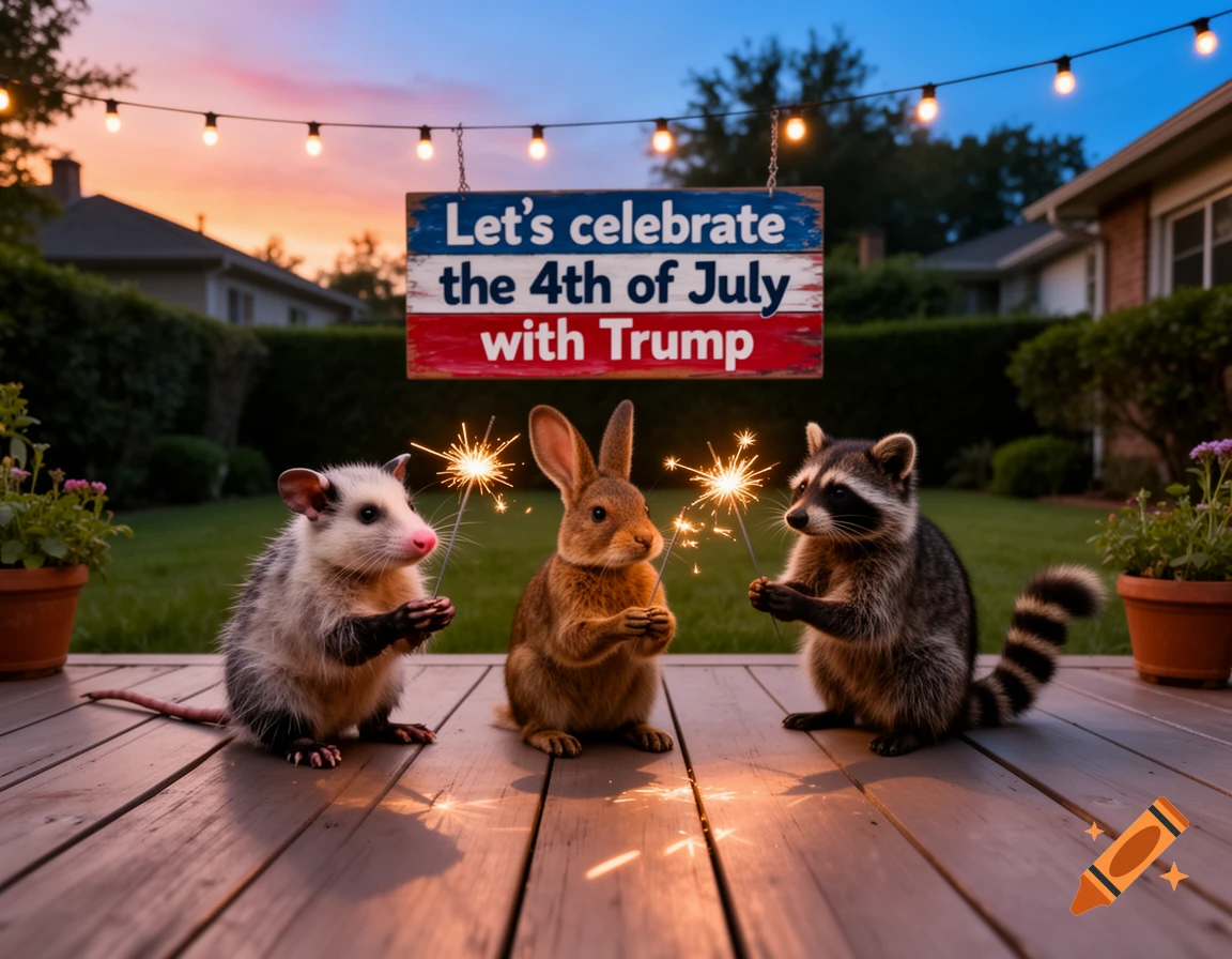 A possum, rabbit, and raccoon hold sparklers on a patio, with a sign reading 'Let's celebrate the 4th of July with Trump' overhead.