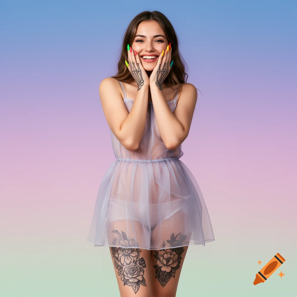 A smiling woman in a sheer dress with colorful nails and skeleton hand tattoos, standing against a gradient background.