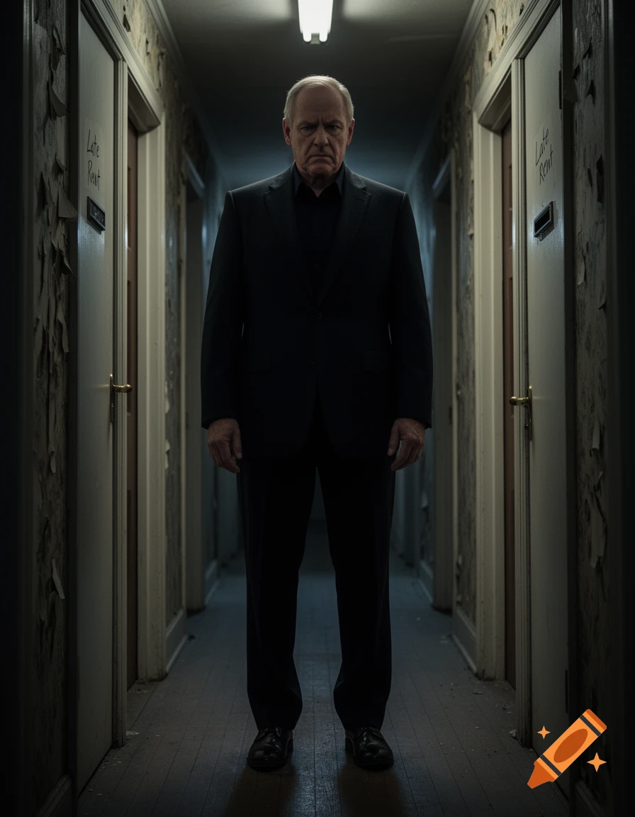 A stern man in a dark suit stands ominously in a dimly lit, peeling apartment hallway with "Late Rent" scrawled on doors.