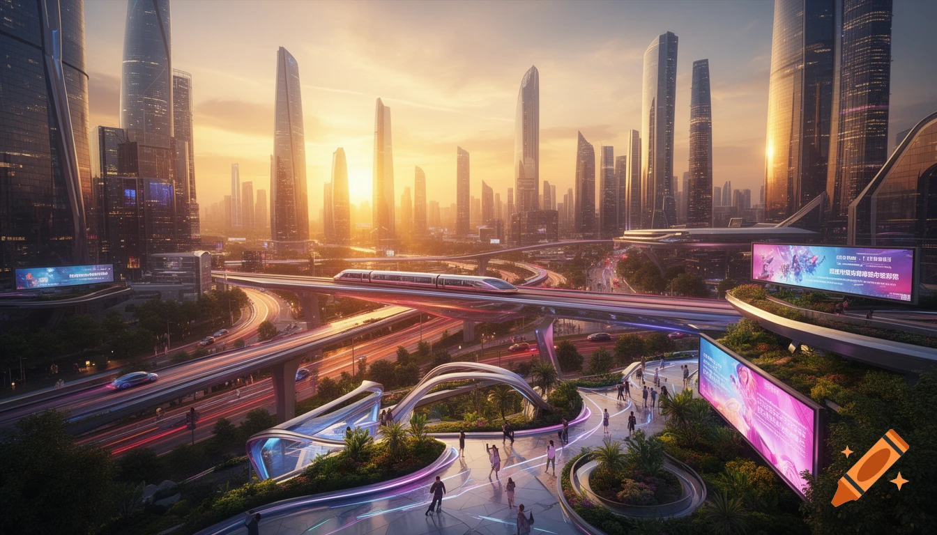 A futuristic city at sunrise with tall skyscrapers, elevated highways, a maglev train, and glowing pathways.