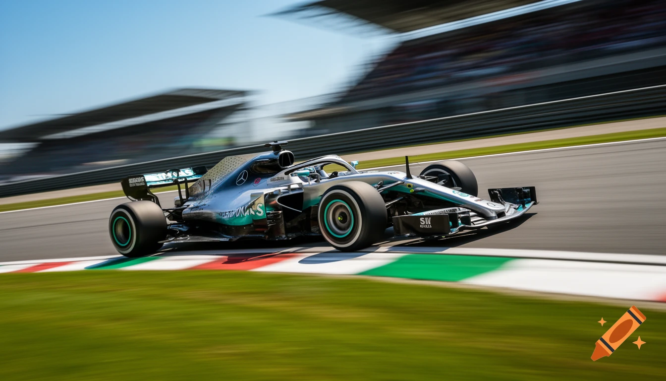 A silver Mercedes Formula 1 car speeds over a curb on a race track under a clear sky, with motion blur.