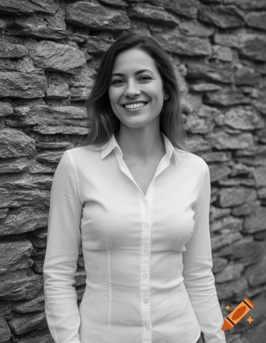 Black and white photorealistic portrait of a smiling woman in a white shirt standing against a stone wall.