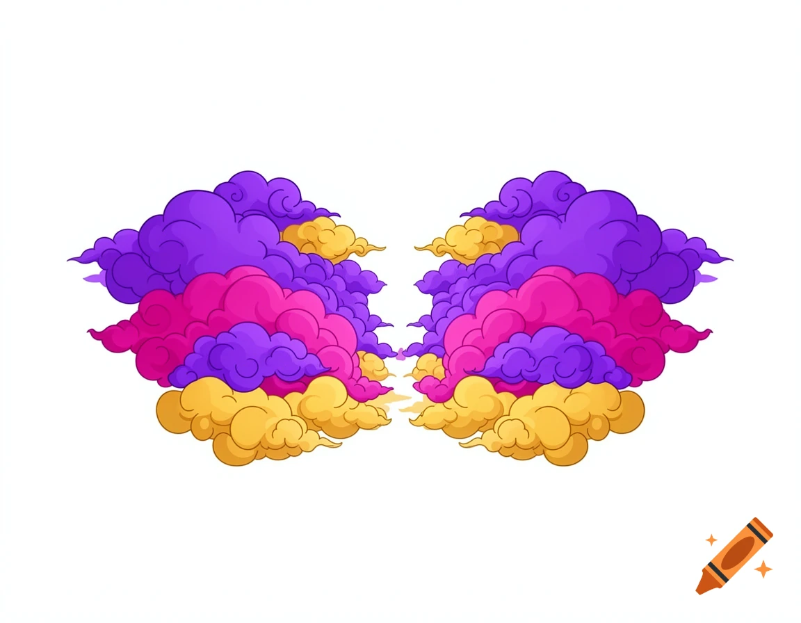 A vibrant vector illustration of two symmetrical masses of purple, pink, and yellow stylized clouds on a white background.