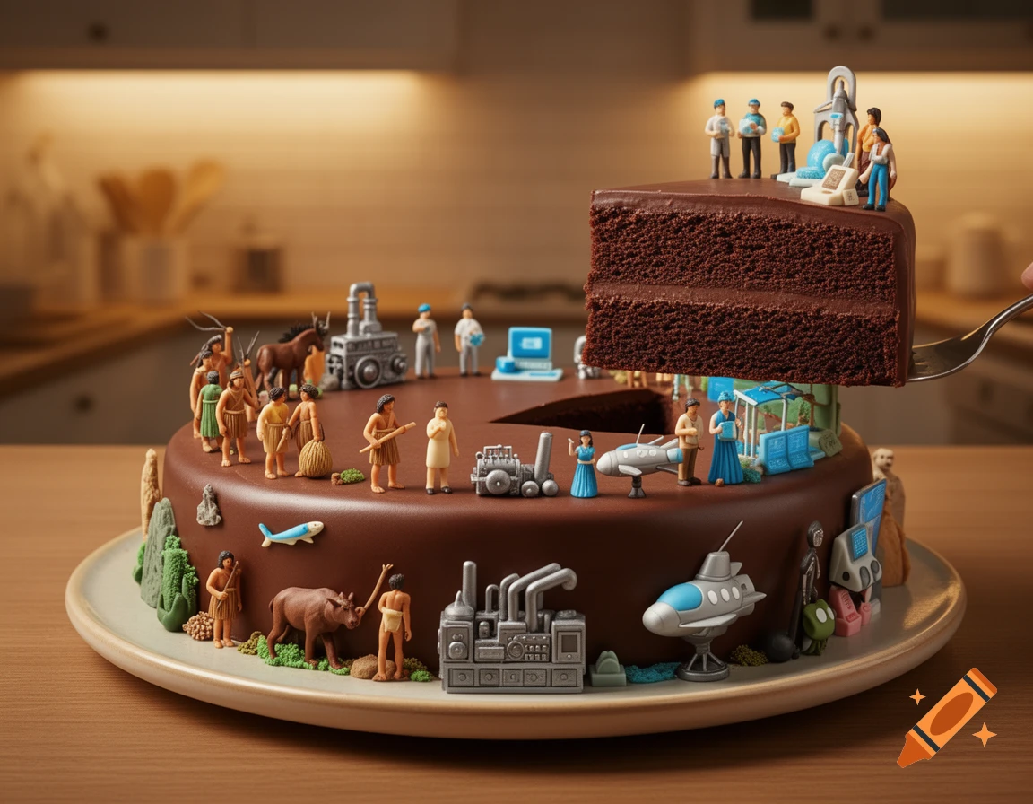 A chocolate cake decorated with miniature figures and symbols representing human history, with a slice being lifted by a fork.