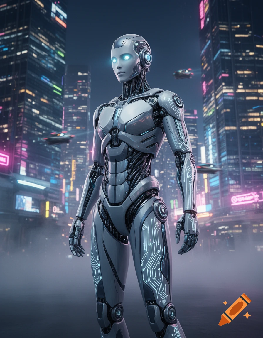 A silver and white humanoid robot with glowing blue eyes and circuit patterns stands in a futuristic city at night.