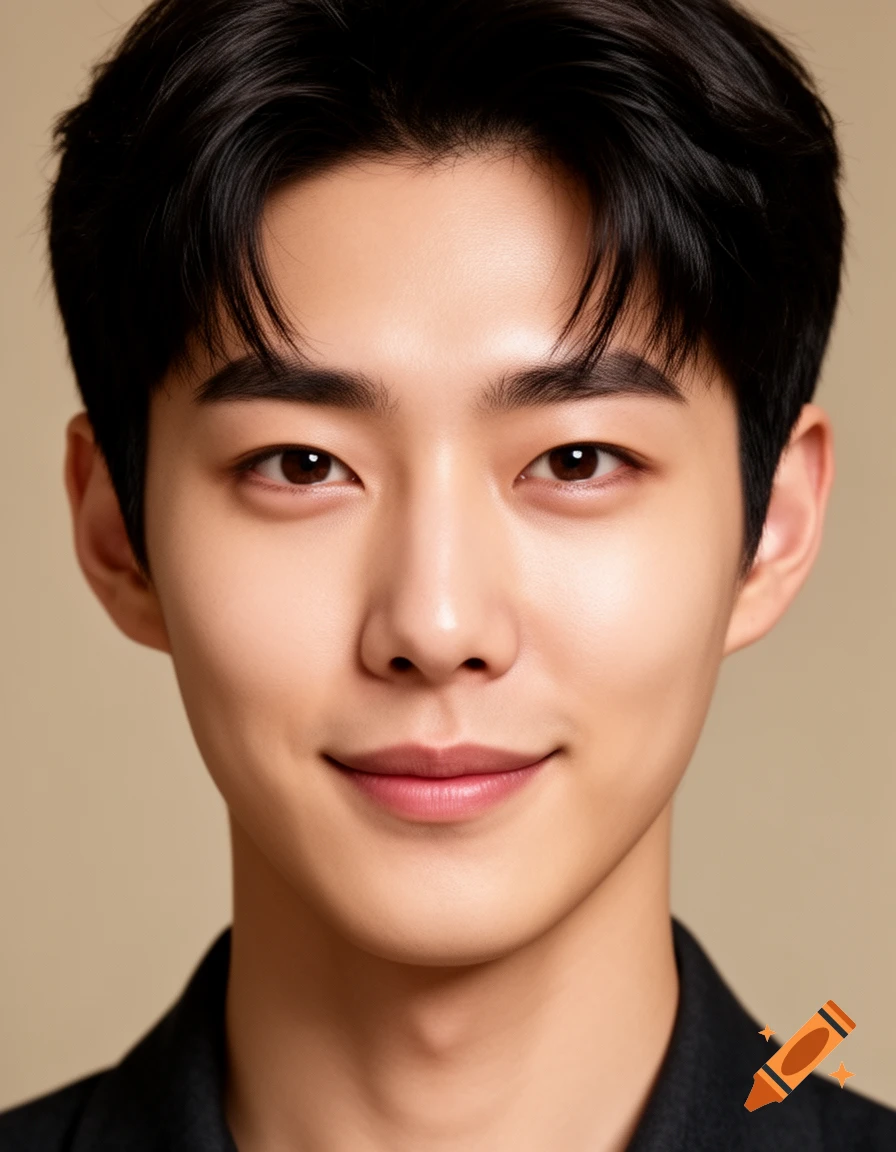 Close-up photorealistic portrait of a young Korean man with black hair, dark eyes, and a slight smile against a beige background.