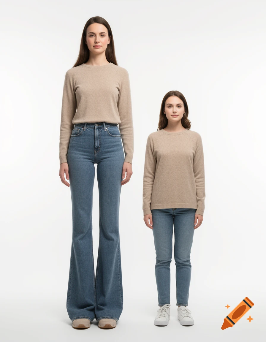 Two women stand side-by-side on a white background, one significantly taller than the other, both wearing beige sweaters and blue jeans.