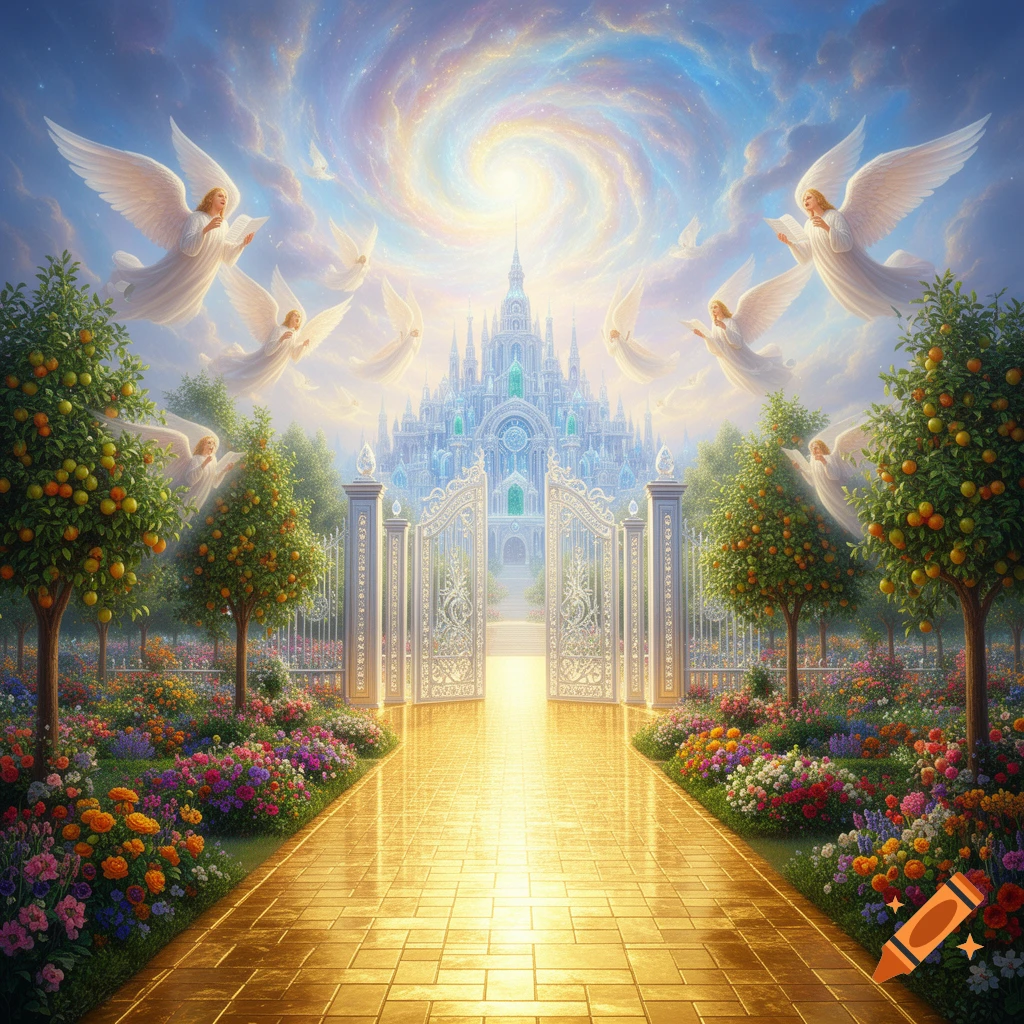 A golden path leads to ornate gates opening to a celestial castle under a swirling sky, surrounded by flying angels, lush gardens, and fruit trees.