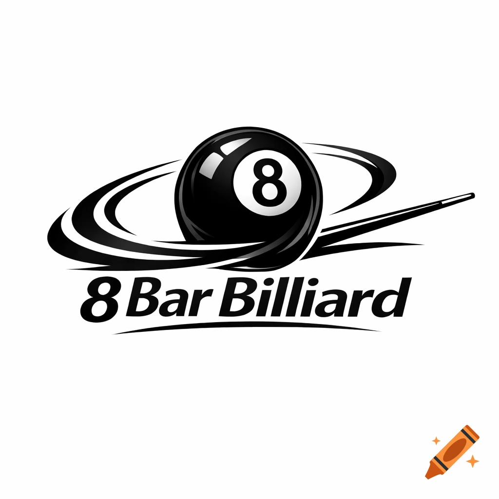 Black and white 8 Bar Billiard logo featuring an 8-ball, a cue stick, and stylized swooshes.