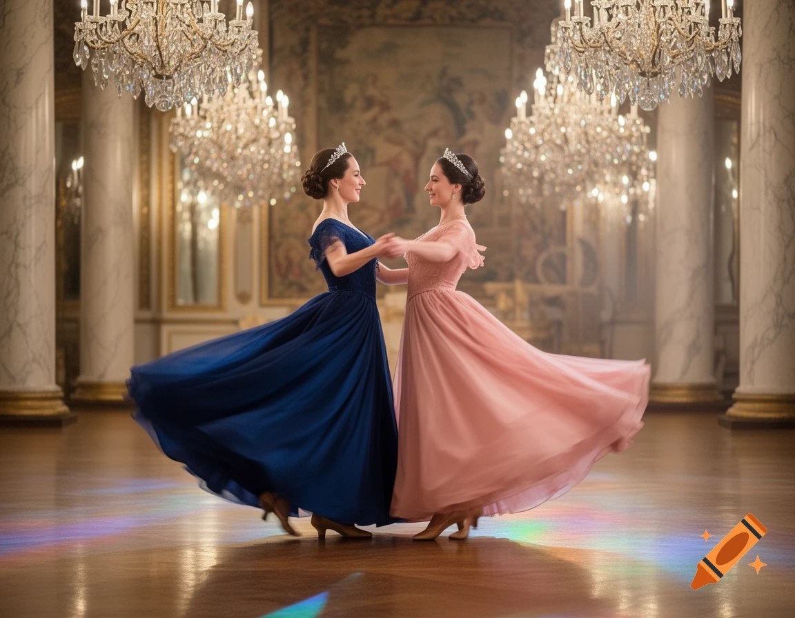 Two women in elegant blue and pink ball gowns dancing gracefully in a grand ballroom with sparkling chandeliers, photorealistic.