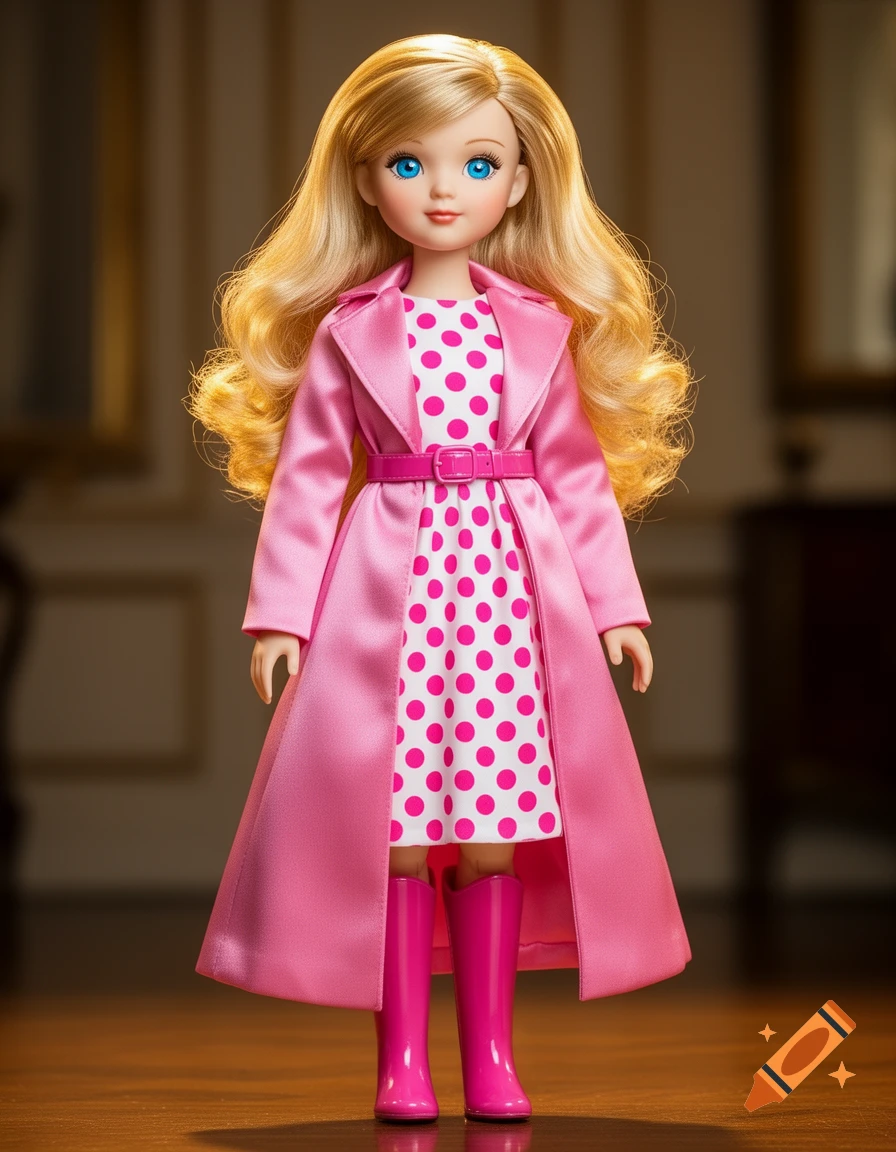 A photorealistic doll with blonde hair and blue eyes, wearing a long pink coat over a white polka dot dress, a pink belt, and pink boots.