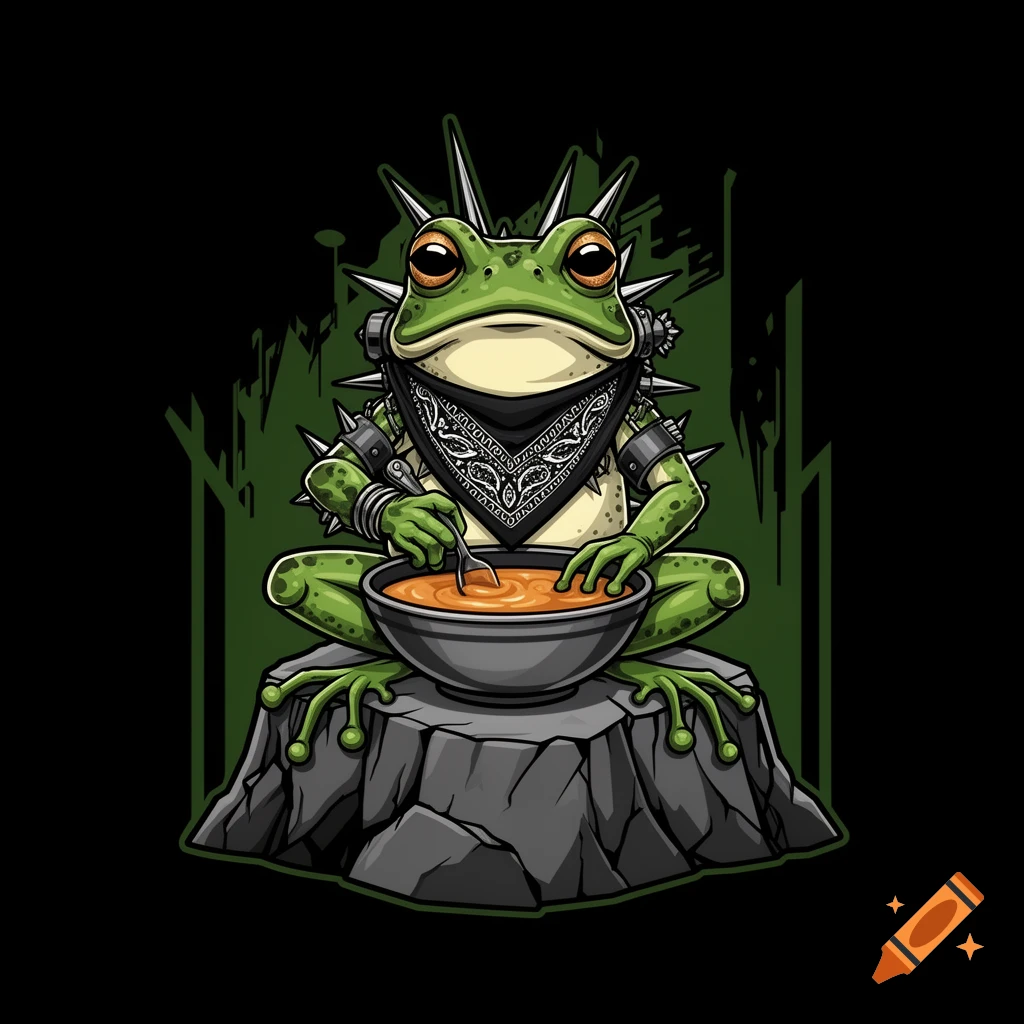 A cartoon-style frog with a spiked collar and bandana sits on a rock, stirring a bowl of soup with a spoon.