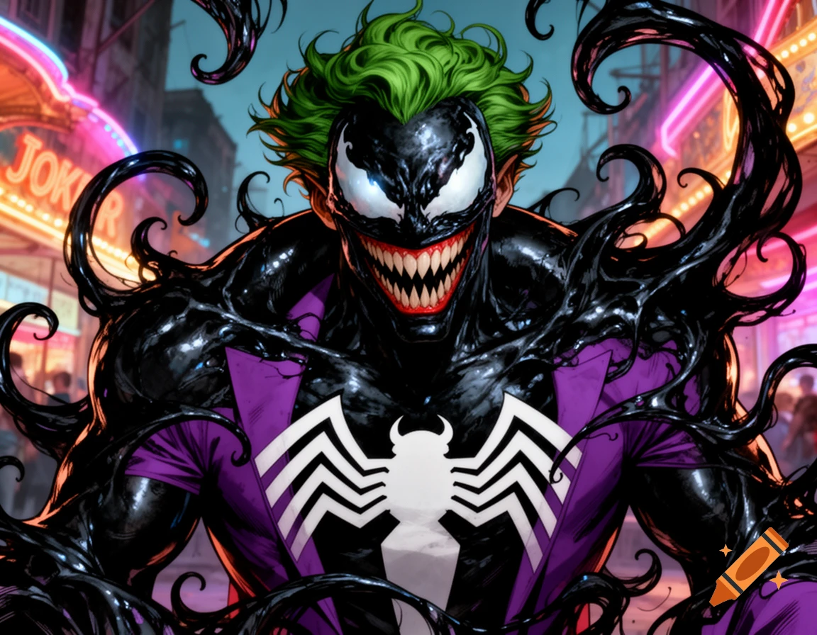 Comic art of a Venomized Joker with green hair, sharp teeth, and a purple suit, against a neon city background.