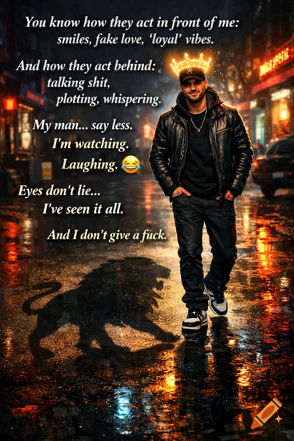 Photorealistic image of a man in streetwear on a wet urban street at night, his shadow a lion, with text overlay.