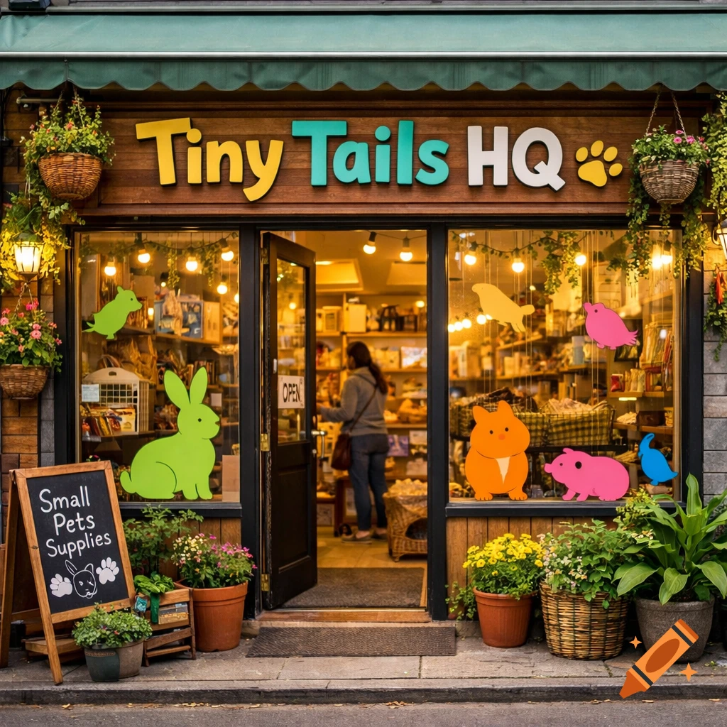 Photorealistic image of a pet shop storefront named Tiny Tails HQ, with a green awning, a wooden facade, and a chalkboard sign reading 'Small Pets Supplies'.