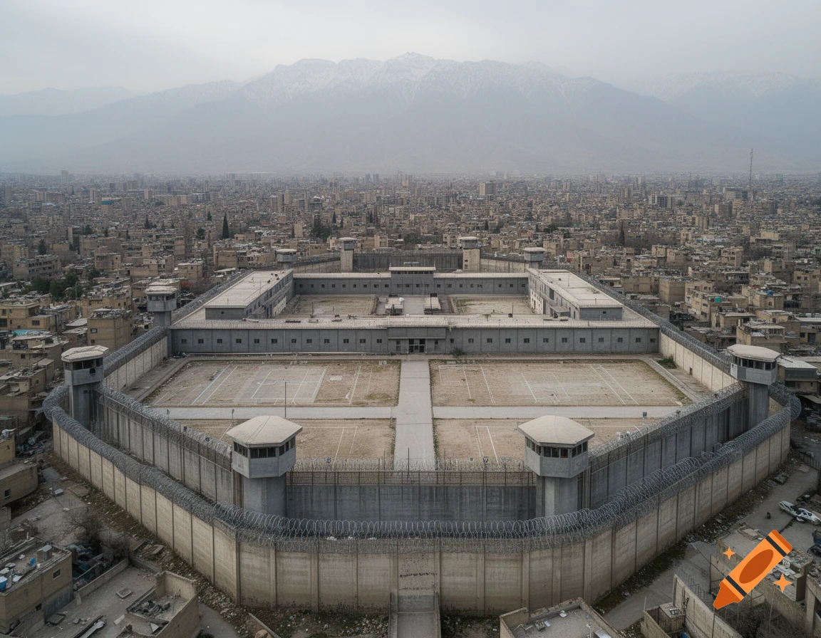 Aerial view of a large concrete prison complex with guard towers, surrounded by a densely packed city and mountains under a cloudy sky.