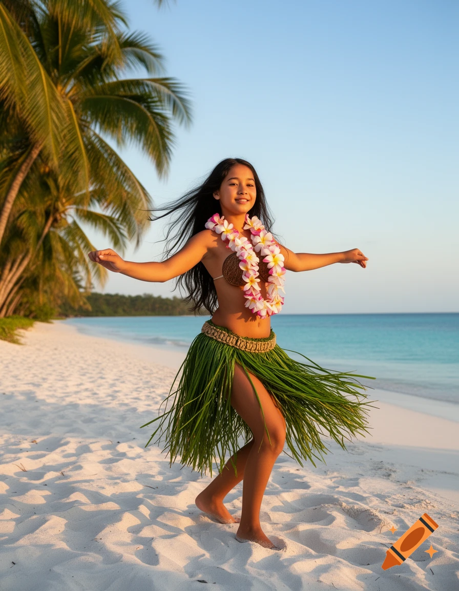 Young girl in a hula costume on a tropical beach with palm trees and clear blue water.
