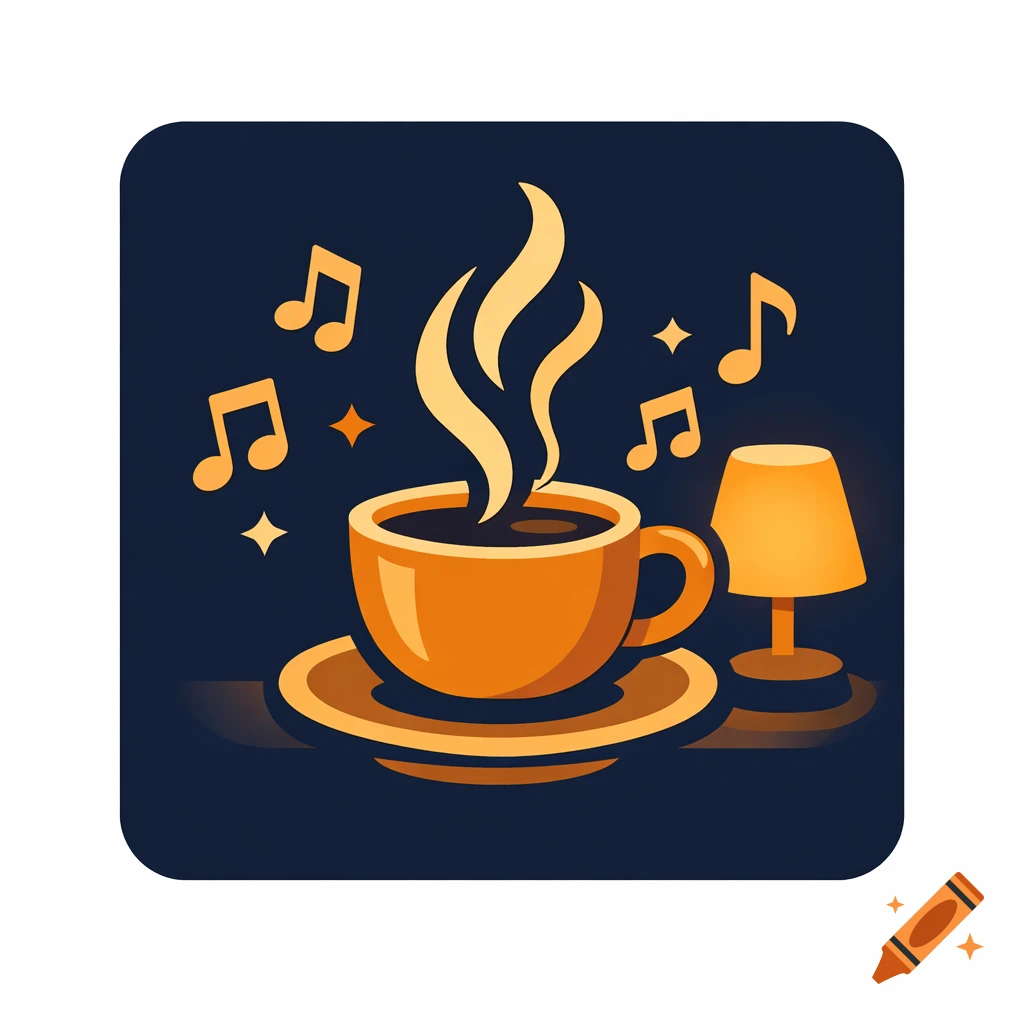 A minimalist flat design icon featuring a steaming coffee cup, floating music notes, and a glowing table lamp on a dark navy background.