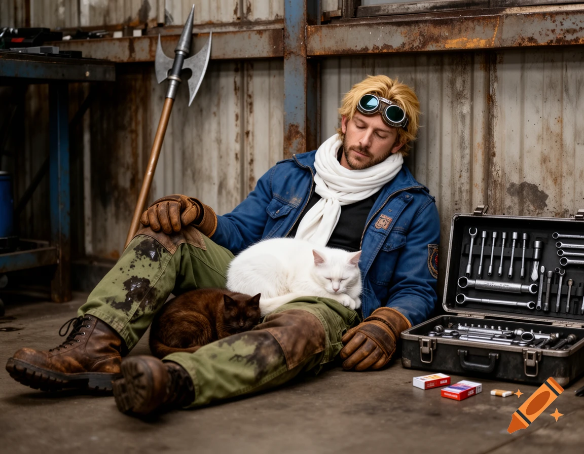 A man resembling Cid Highwind from Final Fantasy VII sleeps on a workshop floor with two cats, surrounded by tools and a spear.