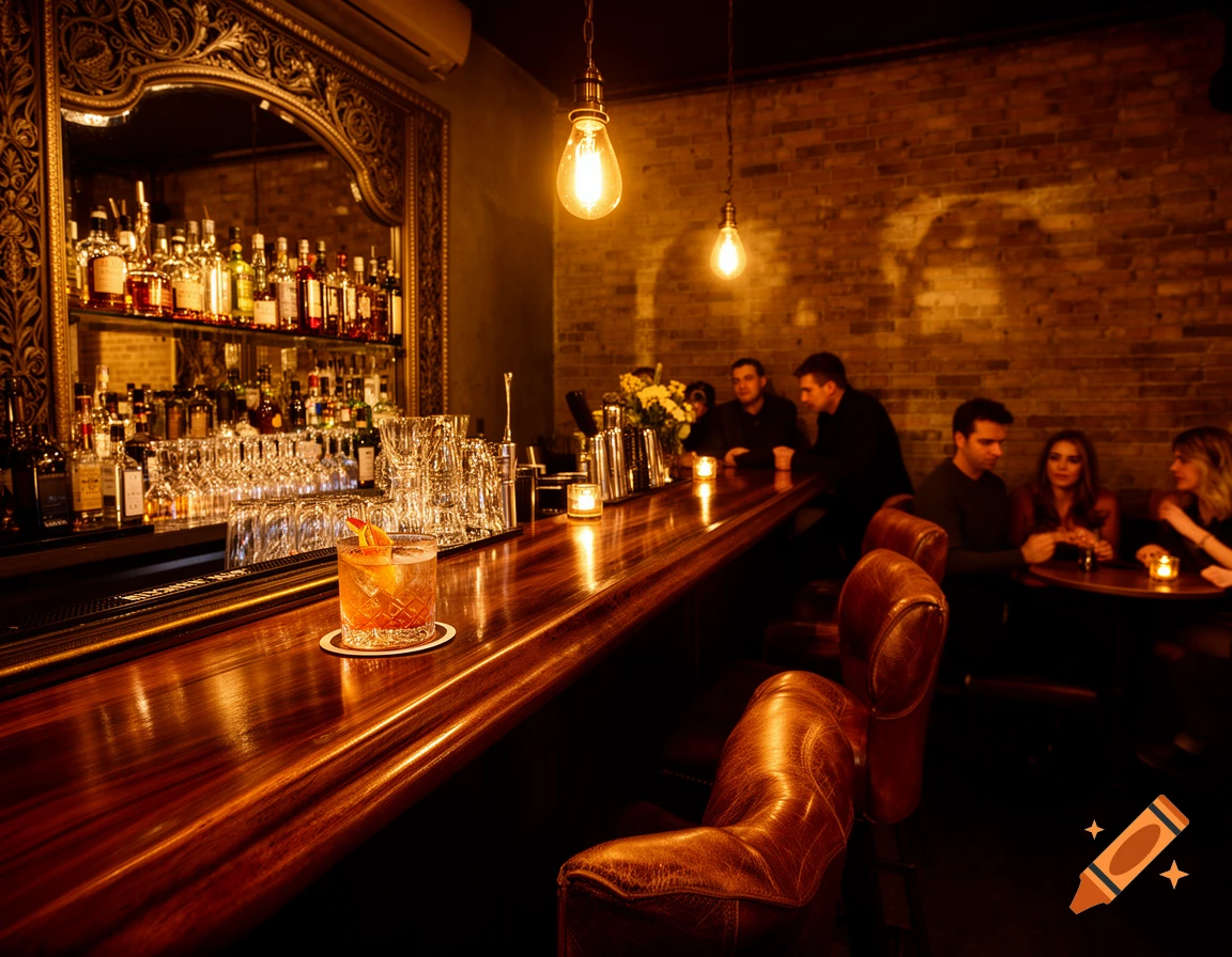 A moody, photorealistic image of a dimly lit bar with people seated at the wooden counter and tables, a cocktail in the foreground.