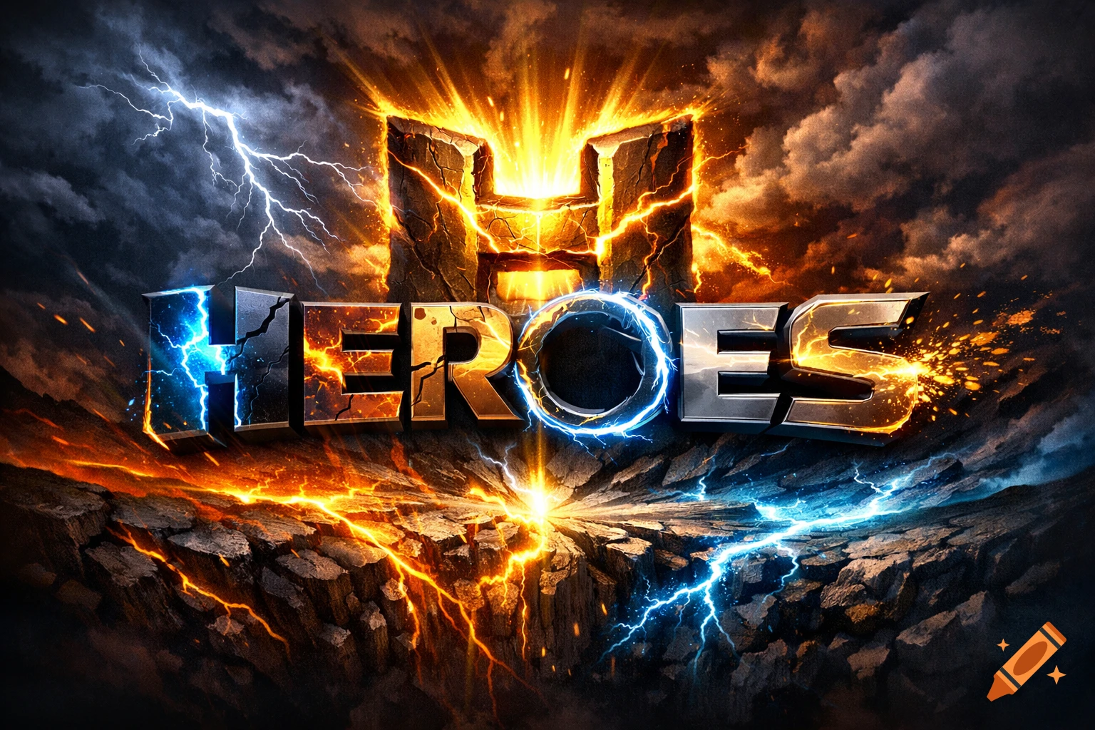 Epic 'HEROES' logo with a glowing H core, intense blue lightning and orange fire on cracked ground, dark stormy clouds.