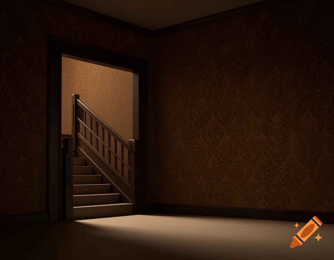 A dimly lit room with dark brown patterned wallpaper and a brightly lit stairwell through an open doorway.