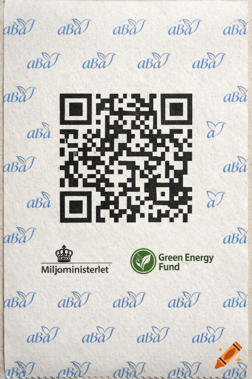 Textured receipt paper with a central QR code, repeating blue 'aBa' dove logos, and the Danish Ministry of Environment and Green Energy Fund logos.
