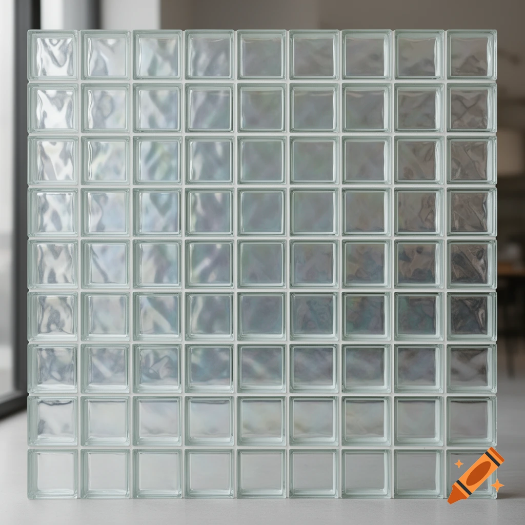 A full frame of a wall made of translucent square glass bricks with an iridescent sheen, blurring the background.