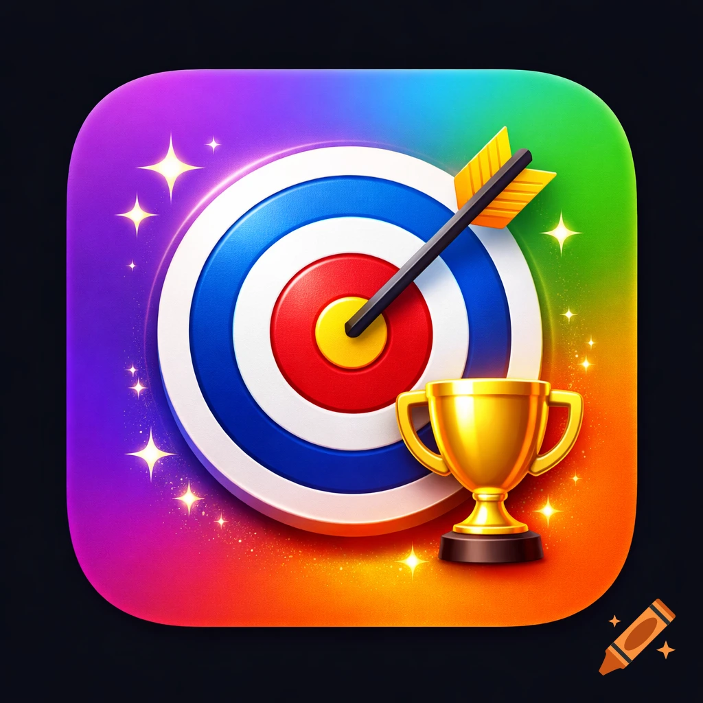 A vibrant app icon featuring a bullseye target with an arrow, a golden trophy, and stars on a rainbow gradient background.