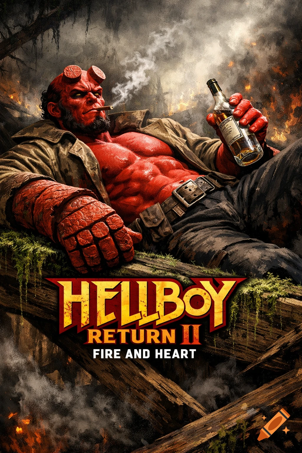 Hellboy reclines on mossy wooden planks amidst smoke and flames, smoking a cigar and holding a bottle, in a dramatic comic book poster style.