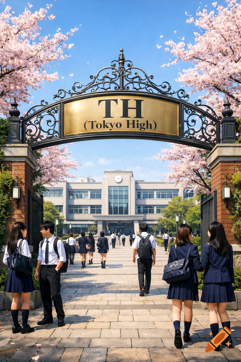 Students walk through a school gate with a "TH (Tokyo High)" sign, under cherry blossoms, towards a large school building.