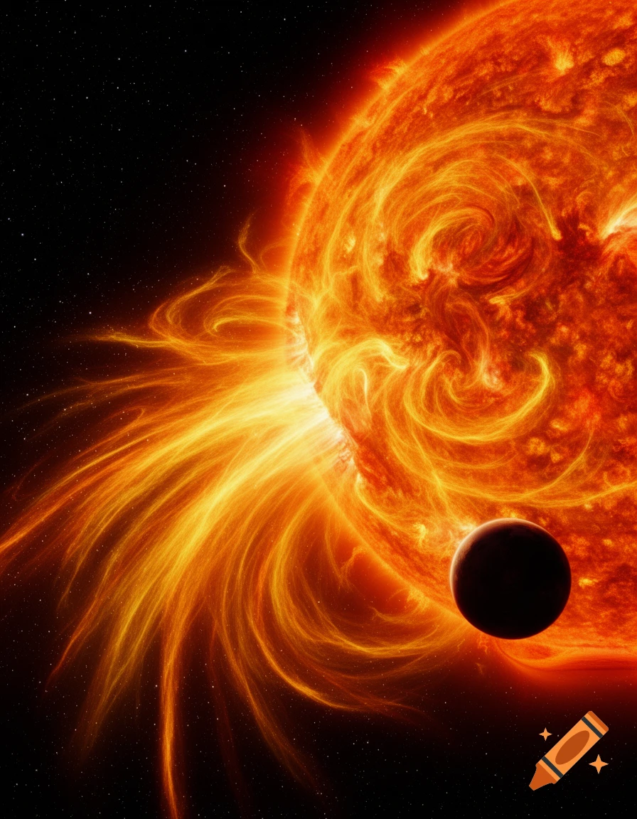 A fiery orange sun with intense solar flares reaching out into dark space, with a small, dark planet visible near its edge.