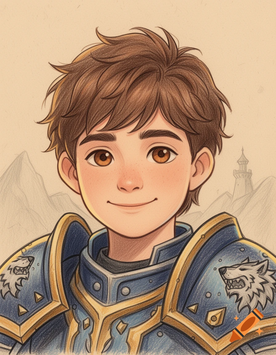 A stylized colored pencil illustration of a young boy in blue and gold fantasy armor with wolf emblems on the shoulders.