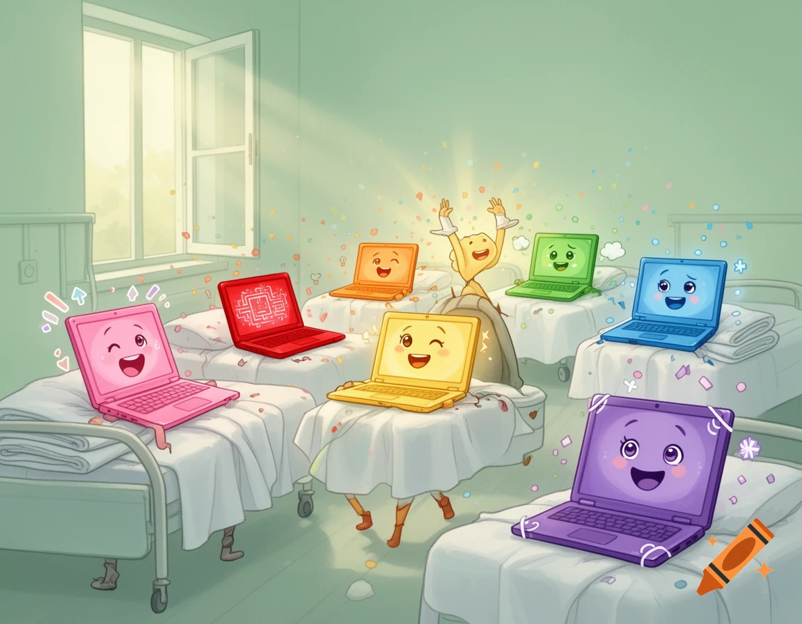 A whimsical illustration of seven colorful, smiling cartoon laptops celebrating with confetti in a light green hospital room.