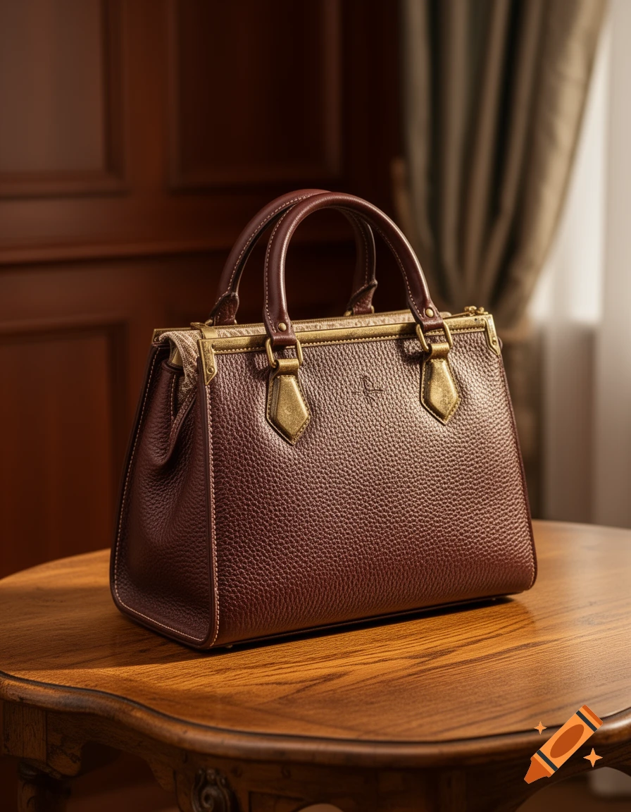 A stylish brown leather handbag with brass hardware sits on a wooden table in a dimly lit room, photorealistic.